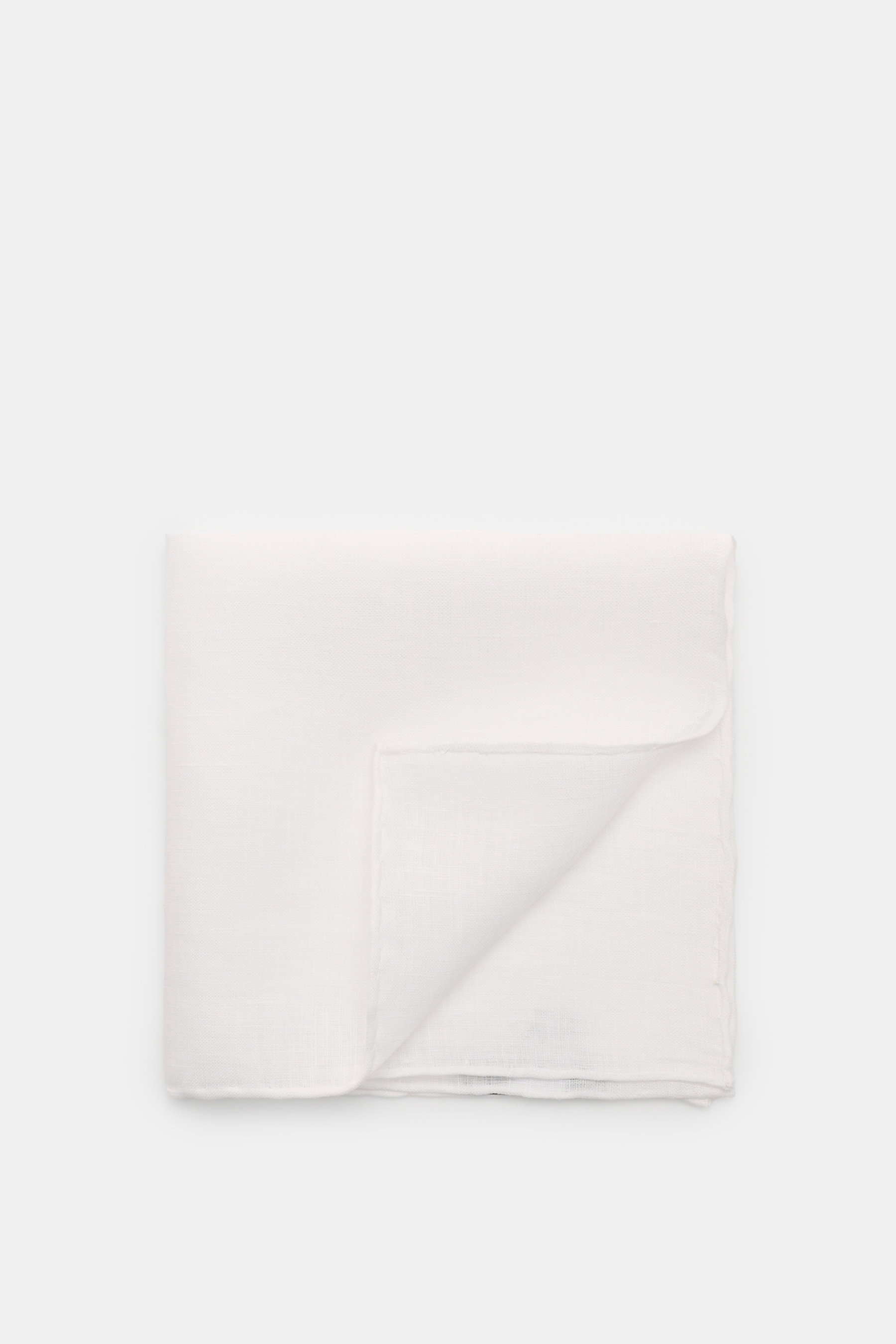 Rosi Collection Einstecktuch 'One' weiß aus reinem Leinen mit rollierten Kanten, flach liegend von oben fotografiert, Maße ca. 31x31 cm, Made in Italy.