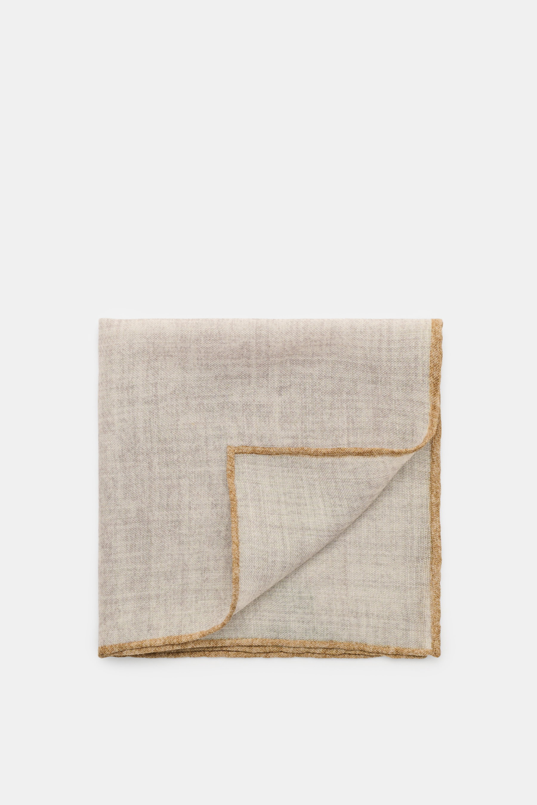 Rosi Collection Einstecktuch hellgrau/beige, aus reiner Wolle, weicher Griff, handrollierte Kanten in Kontrastfarbe, Maße ca. 30x30 cm, Made in Italy, Draufsicht leicht umgeschlagen.