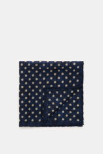 Rosi Collection Pocket square navy/beige dotted shown from top view, pure wool with soft feel, graphic polka dot pattern, hand-rolled edges, made in Italy, approx. 29 cm x 29 cm.