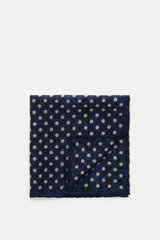 Rosi Collection Pocket square navy/beige dotted shown from top view, pure wool with soft feel, graphic polka dot pattern, hand-rolled edges, made in Italy, approx. 29 cm x 29 cm.