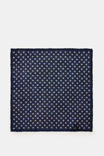 Rosi Collection Pocket square navy/beige dotted shown from above, pure wool with soft feel, graphic polka dot pattern, hand-rolled edges, made in Italy, approx. 29 cm x 29 cm.