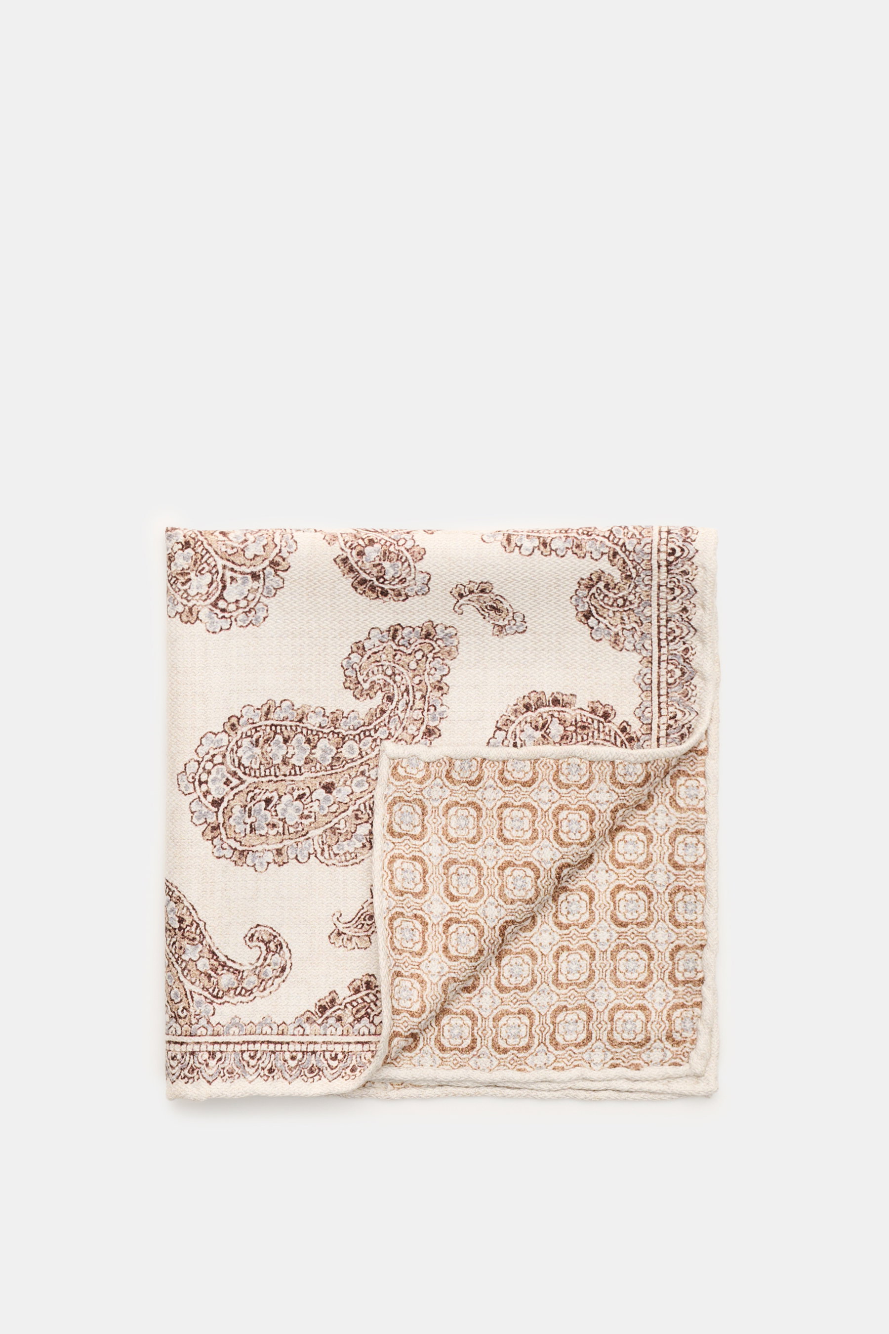 Rosi Collection Seiden-Einstecktuch "Easy" sand/braun/hellgrau gemustert, Paisley vorn, Kachel-Muster Rückseite, reine Seide, 31x31 cm, Made in Italy.