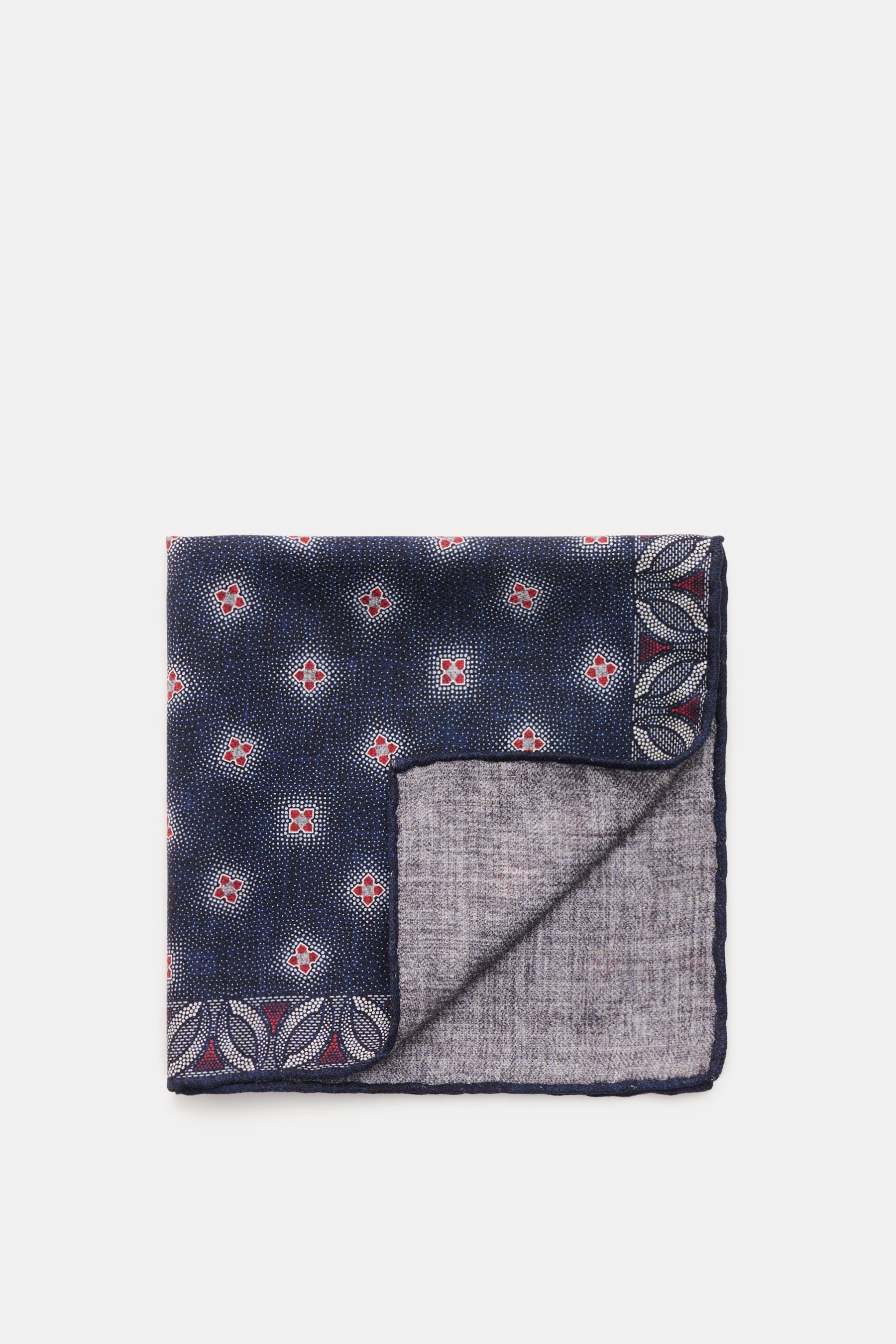 Brunello Cucinelli Seiden-Einstecktuch navy/grau/rot gemustert, reine Seide, florales Muster, handrollierte Kanten, Made in Italy, 35x35 cm, Draufsicht.