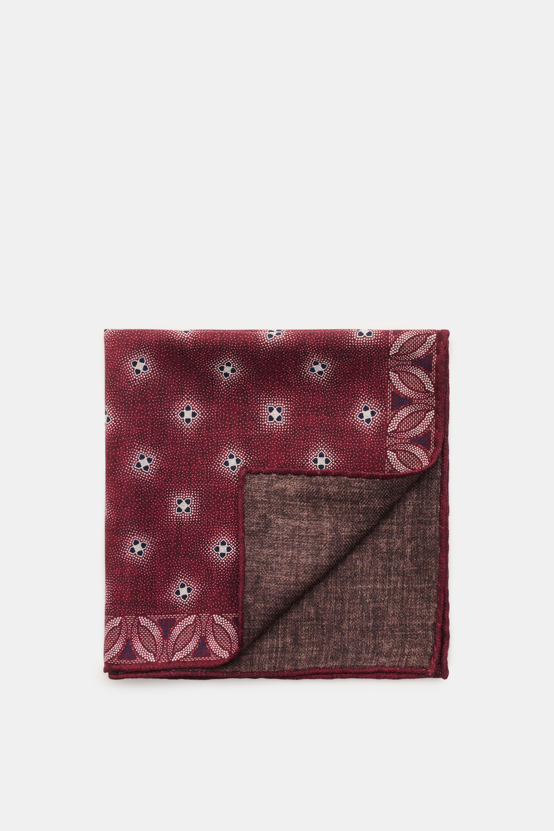 Brunello Cucinelli Seiden-Einstecktuch bordeaux/graubraun gemustert, floral, reine Seide, geschmeidig, handrollierte Kanten, Made in Italy, 35x35 cm, Draufsicht.