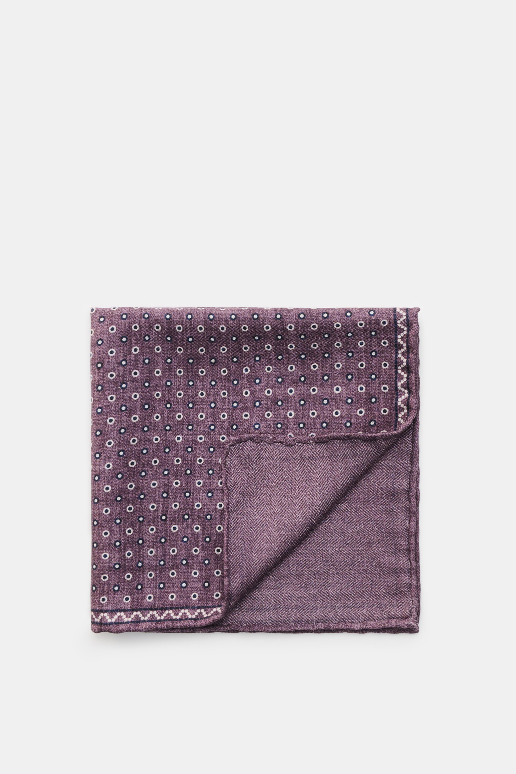 Brunello Cucinelli Seiden-Einstecktuch bordeaux/weiß gepunktet, reine Seide, geschmeidiger Griff, Punktemuster, handrollierte Kanten, Made in Italy, ca. 35x35 cm, Draufsicht mit umgeschlagener Ecke.