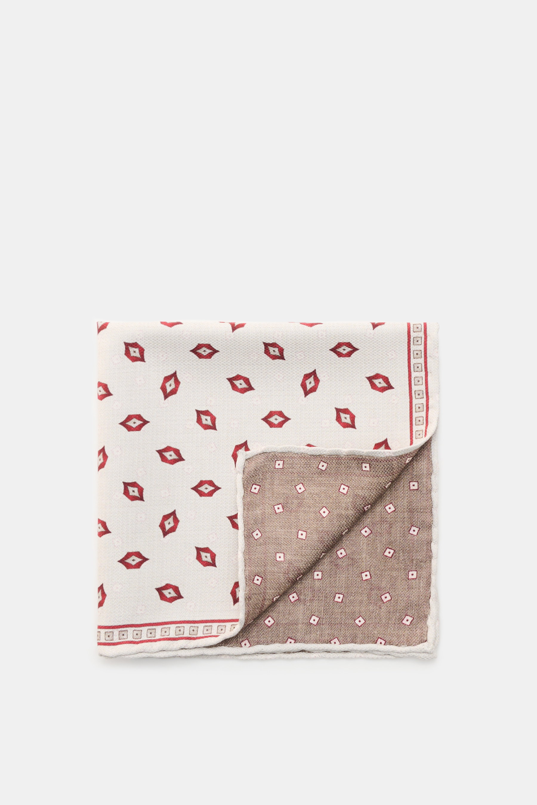 Brunello Cucinelli Seiden-Einstecktuch braun/rot/off-white gemustert, von oben fotografiert, reine Seide, geschmeidiger Griff, handrollierte Kanten, Made in Italy, ca. 35x35 cm.