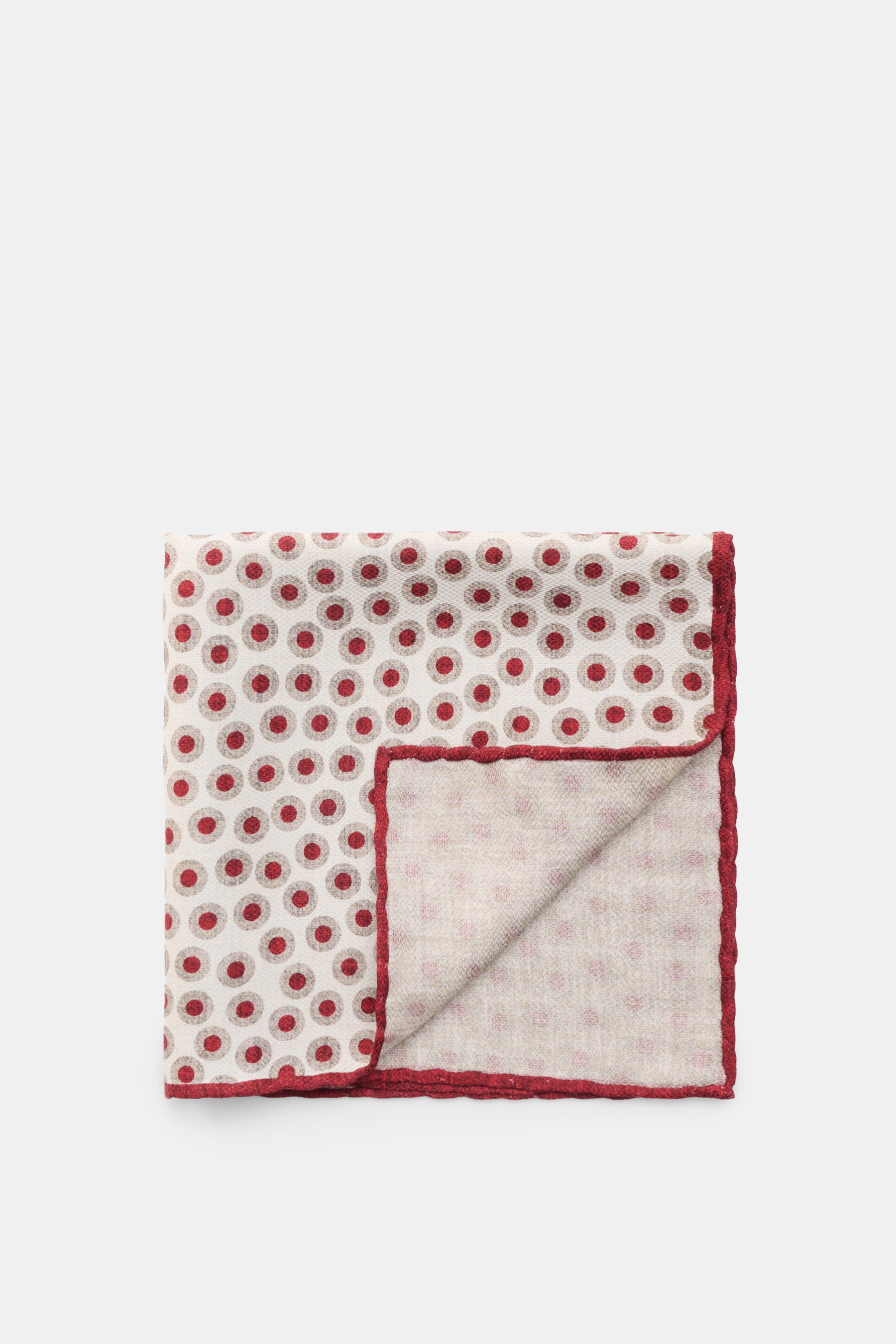 Brunello Cucinelli Seiden-Einstecktuch dunkelrot/grau/creme gepunktet, reine Seide, geschmeidiger Griff, handrollierte Kanten, Made in Italy, ca. 35x35 cm, von oben fotografiert.