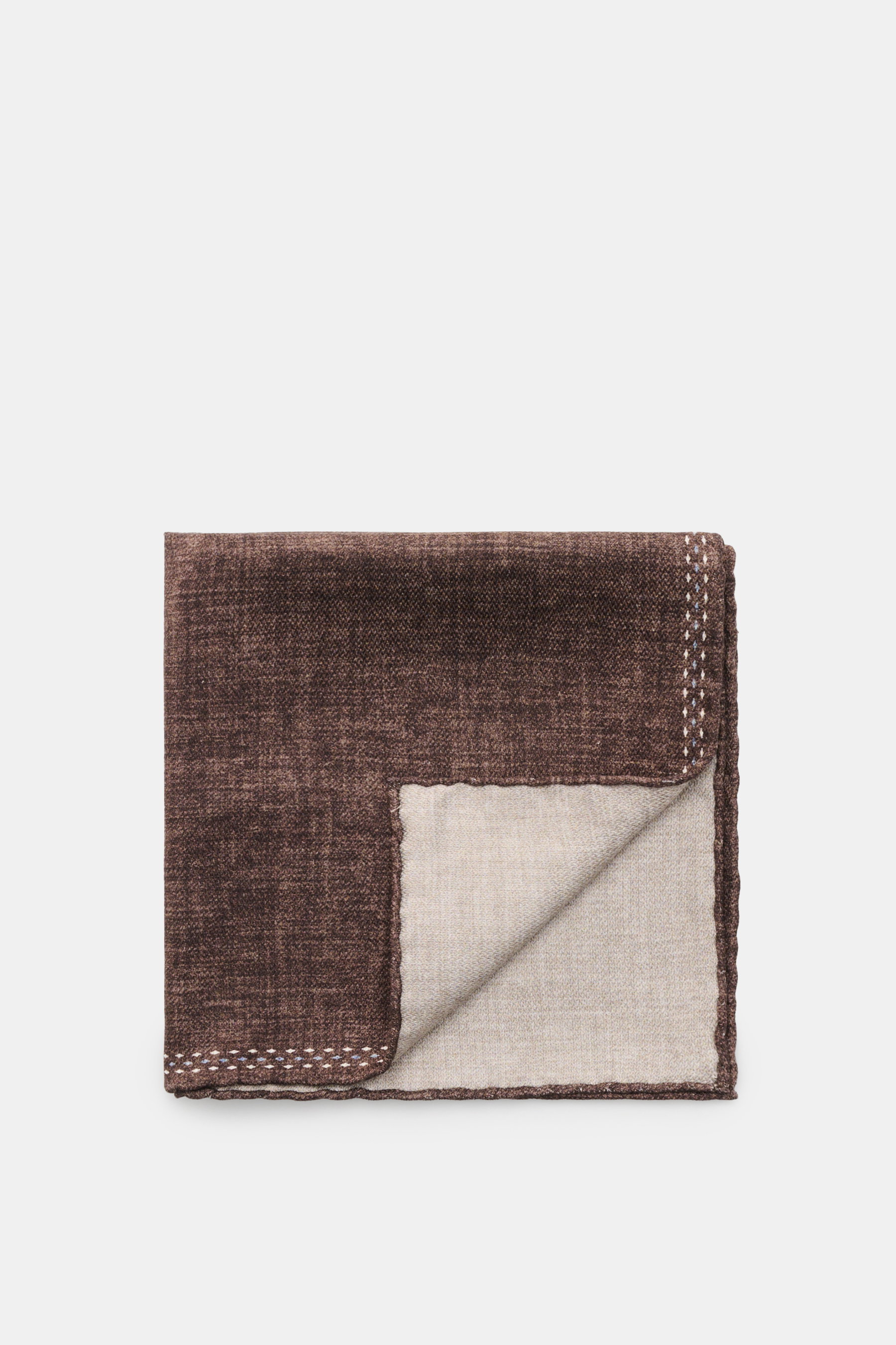 Brunello Cucinelli Seiden-Einstecktuch braun/hellgrau meliert, aus reine Seide, geschmeidiger Griff, handrollierte Kanten, Made in Italy, ca. 35x35 cm, Draufsicht.