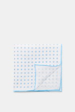 Rosi Collection Linen pocket square 'Fox' white/light blue patterned, pure linen with soft feel, floral print, rolled edges, made in Italy, 31.5x31.5 cm, top-down view.