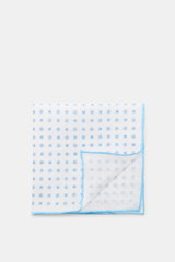 Rosi Collection Linen pocket square 'Fox' white/light blue patterned, pure linen with soft feel, floral print, rolled edges, made in Italy, 31.5x31.5 cm, top-down view.