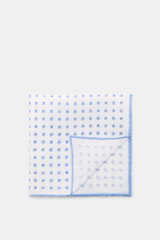 Rosi Collection Linen pocket square 'Fox' white/blue patterned, pure linen with soft feel, floral print, rolled edges, made in Italy, 31.5x31.5 cm, top-down view.