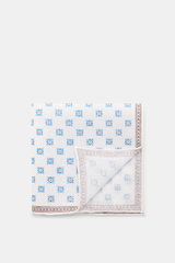 Rosi Collection Leinen-Einstecktuch 'Fox' weiß/blau/braun gemustert, floraler Print mit Borte, rollierte Kanten, reines Leinen, weicher Griff, Maße 31x31 cm, Made in Italy, von oben fotografiert.