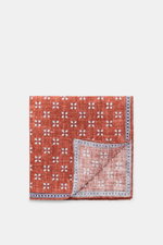 Rosi Collection Leinen-Einstecktuch 'Fox' blau/dunkelbraun/offwhite gemustert, von oben fotografiert, reines Leinen, weicher Griff, floraler Print mit Borte, rollierte Kanten, Made in Italy, Maße 31x31 cm.