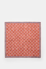 Rosi Collection Leinen-Einstecktuch 'Fox' blau/dunkelbraun/offwhite gemustert, reines Leinen, weicher Griff, floraler Print mit Borte, rollierte Kanten, Made in Italy, 31x31 cm, flach von oben fotografiert.