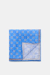 Rosi Collection Leinen-Einstecktuch 'Fox' rostbraun/blau/offwhite gemustert, reines Leinen, weicher Griff, floraler Print mit Borte, rollierte Kanten, Made in Italy, Maße 31x31 cm, aus der Vogelperspektive fotografiert.