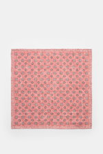 Rosi Collection Pocket square 'Joy' light red/white/black patterned with floral retro design, rolled edges, front view, silk-linen blend.