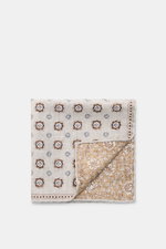 Rosi Collection Silk pocket square 'Easy' grey/brown/smoky blue patterned, folded flat, front medallion print with edging, floral back, rolled edges, pure silk, soft touch, made in Italy, approx. 31x31 cm, top-down view.