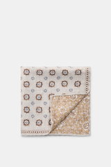Rosi Collection Silk pocket square 'Easy' grey/brown/smoky blue patterned, folded flat, front medallion print with edging, floral back, rolled edges, pure silk, soft touch, made in Italy, approx. 31x31 cm, top-down view.