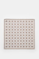Rosi Collection Silk pocket square 'Easy' grey/brown/smoky blue patterned, top-down view, pure silk, soft smooth touch, elegant medallion print with edging, floral back, rolled edges, made in Italy, approx. 31 cm x 31 cm.