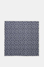 Brunello Cucinelli Silk Pocket Square navy/grey-blue dotted, top-down view showing pure silk, smooth touch, dotted pattern, rolled edges, 35x35 cm, Made in Italy.