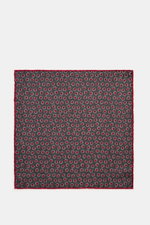 Brunello Cucinelli Silk Pocket Square dark grey/dark red dotted, top-down view showing fine dotted pattern, rolled edges, pure silk, 35x35 cm.
