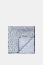 Brunello Cucinelli Silk Pocket Square smoky blue/grey blue dotted, top-down view folded corner, pure silk, smooth, dotted, rolled edges.