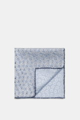 Brunello Cucinelli Silk Pocket Square smoky blue/grey blue dotted, top-down view folded corner, pure silk, smooth, dotted, rolled edges.