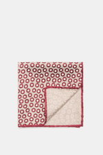 Brunello Cucinelli Silk Pocket Square beige/burgundy dotted, folded with one corner flipped, viewed from above, showing dotted pattern and rolled edges.