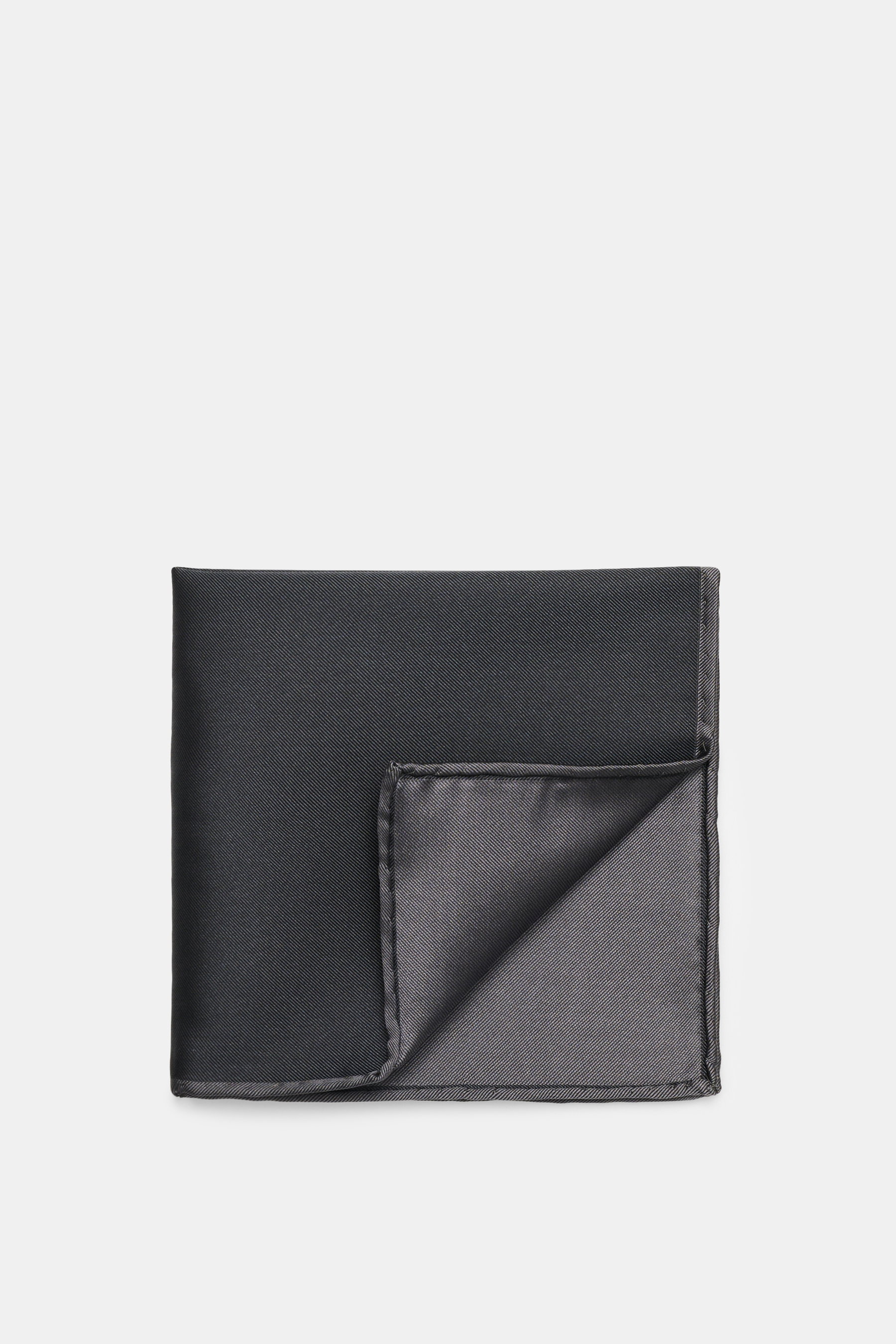 Brunello Cucinelli Silk Pocket Square dark grey folded with rolled edges, pure silk, smooth touch, top-down view, made in Italy.