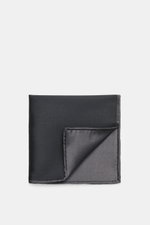Brunello Cucinelli Silk Pocket Square dark grey folded with rolled edges, pure silk, smooth touch, top-down view, made in Italy.