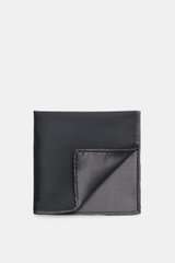 Brunello Cucinelli Silk Pocket Square dark grey folded with rolled edges, pure silk, smooth touch, top-down view, made in Italy.
