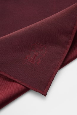 Brunello Cucinelli Silk Pocket Square navy shown close-up from top angle, pure silk with smooth touch, rolled edges, made in Italy.