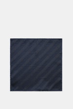 Brunello Cucinelli Silk Pocket Square dark navy patterned, top-down view showing tonal woven diagonal stripes, rolled edges, pure silk.