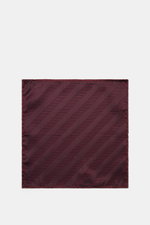 Brunello Cucinelli Silk Pocket Square burgundy patterned, tonal woven diagonal stripes, pure silk, rolled edges, photographed top-down view.