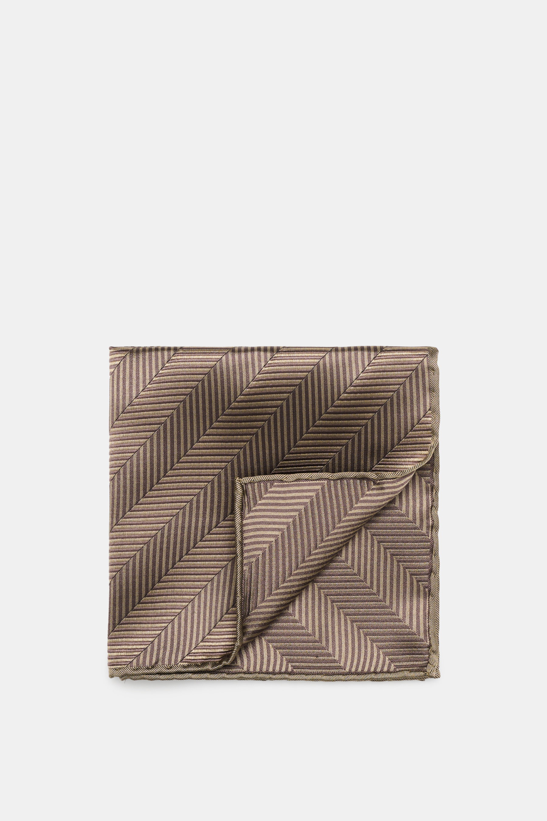Brunello Cucinelli Silk Pocket Square Brown Patterned with tonal woven herringbone pattern, rolled edges, pure silk, smooth touch, made in Italy, top-down view.