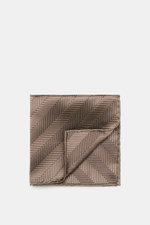 Brunello Cucinelli Silk Pocket Square Brown Patterned with tonal woven herringbone pattern, rolled edges, pure silk, smooth touch, made in Italy, top-down view.