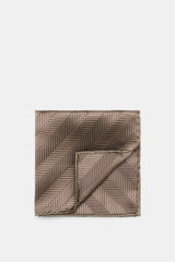 Brunello Cucinelli Silk Pocket Square Brown Patterned with tonal woven herringbone pattern, rolled edges, pure silk, smooth touch, made in Italy, top-down view.