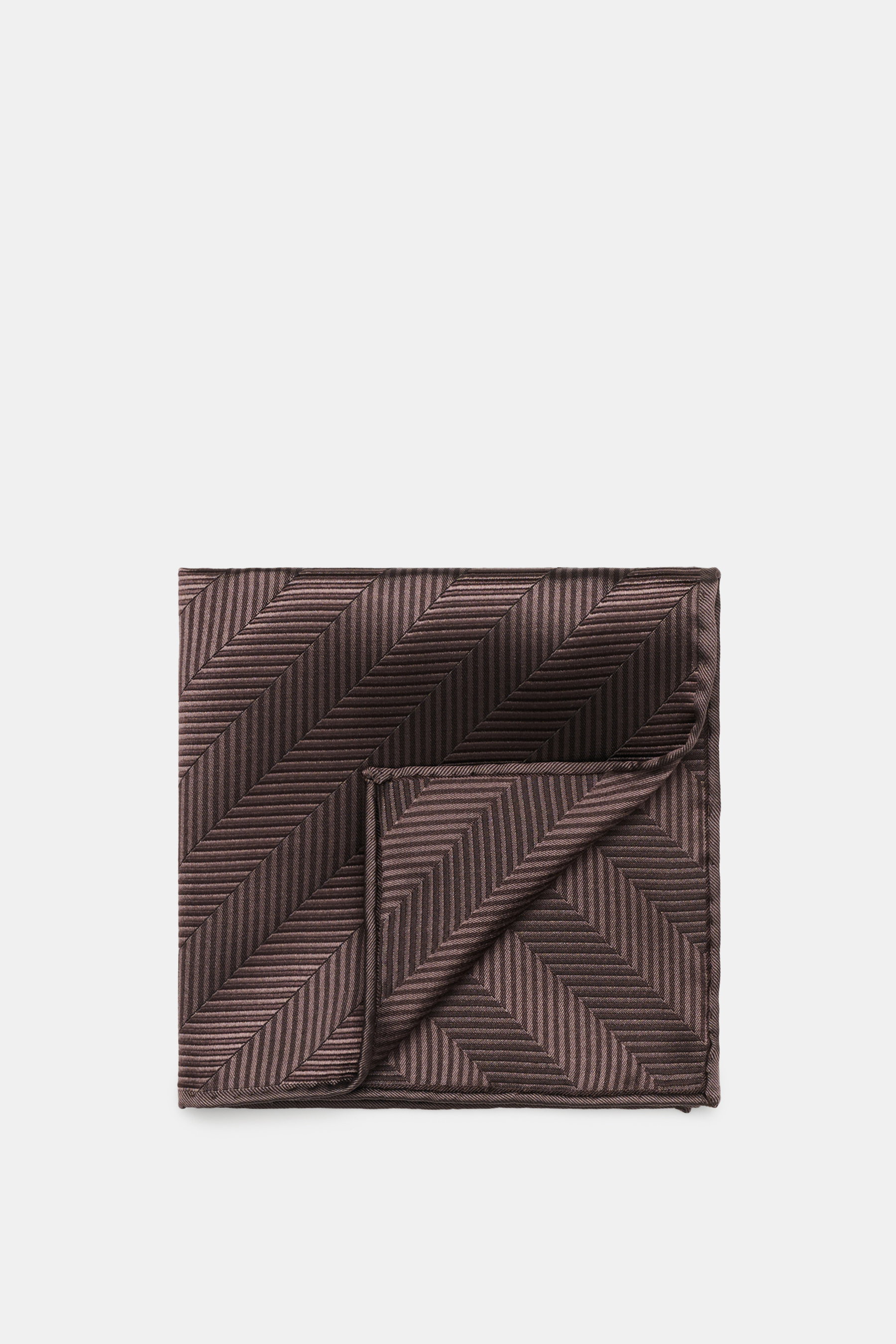 Brunello Cucinelli Silk Pocket Square dark brown patterned, folded, top-down view showing tonal woven pure silk with smooth touch and rolled edges.