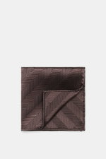 Brunello Cucinelli Silk Pocket Square dark brown patterned, folded, top-down view showing tonal woven pure silk with smooth touch and rolled edges.