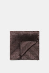Brunello Cucinelli Silk Pocket Square dark brown patterned, folded, top-down view showing tonal woven pure silk with smooth touch and rolled edges.