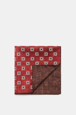 Brunello Cucinelli Silk Pocket Square sand/beige patterned shown from top-down, featuring an ornamental pattern, rolled edges, pure silk.