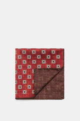 Brunello Cucinelli Silk Pocket Square sand/beige patterned shown from top-down, featuring an ornamental pattern, rolled edges, pure silk.