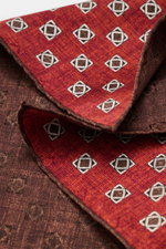 Alt tag (124 characters): Close-up front angle of Brunello Cucinelli Silk Pocket Square sand/beige patterned with ornamental design and rolled edges.

<p>Elegant accent: The silk pocket square from BRUNELLO CUCINELLI with its distinctive ornamental patter