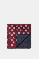 Brunello Cucinelli Silk Pocket Square navy/burgundy patterned shown from top-down, folded to display ornamental pattern and rolled edges.