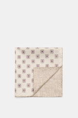 Top-down view of Brunello Cucinelli Silk Pocket Square sand/beige patterned with ornamental design, rolled edges, and smooth pure silk texture.

<p>Elegant accent: The silk pocket square from BRUNELLO CUCINELLI with its distinctive ornamental pattern is a