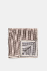 Brunello Cucinelli Silk pocket square dark brown/navy pattern, folded, top-down view, pure silk, smooth feel, graphic micro print, rolled edges, Made in Italy, approx. 35 cm x 35 cm