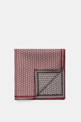 Brunello Cucinelli Silk pocket square dark red/dark grey pattern shown from top front folded view, pure silk, smooth feel, graphic micro print, rolled edges, Made in Italy, dimensions approx. 35 cm x 35 cm.