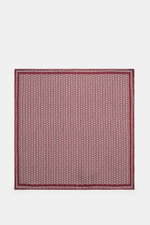 Brunello Cucinelli Silk pocket square dark red/dark grey pattern, flat lay top view showing graphic micro print, pure silk, smooth feel, rolled edges, Made in Italy, approx. 35 cm x 35 cm.