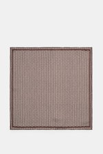Brunello Cucinelli Silk pocket square dark brown/navy pattern, top-down view, pure silk, smooth feel, graphic micro print, rolled edges, Made in Italy, approx. 35x35 cm