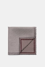 Brunello Cucinelli Silk pocket square grey/burgundy pattern shown from top front, pure silk, smooth feel, graphic micro print, rolled edges, Made in Italy, approx. 35 cm x 35 cm.